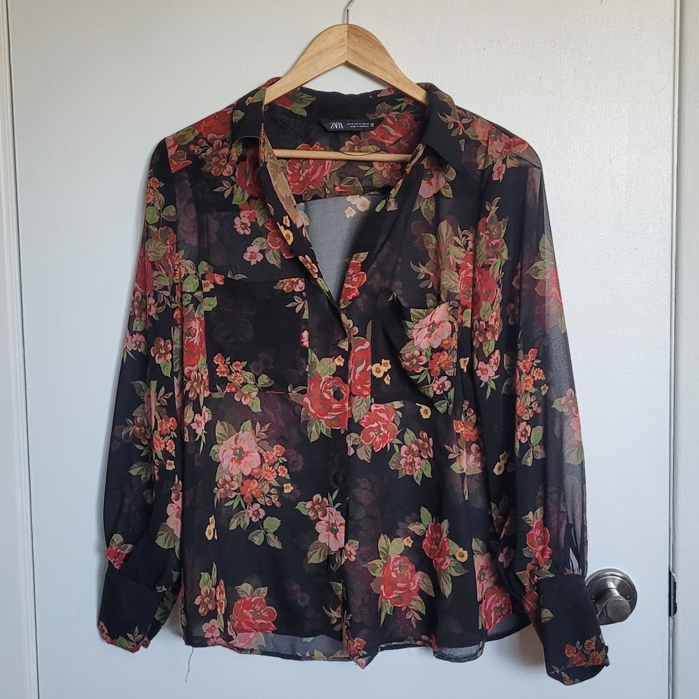 Zara Button Down Flower Print Blouse